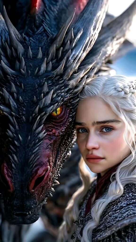 Daenerys Targaryen standing beside her dragon Drogon in a powerful Game of Thrones fantasy scene.
