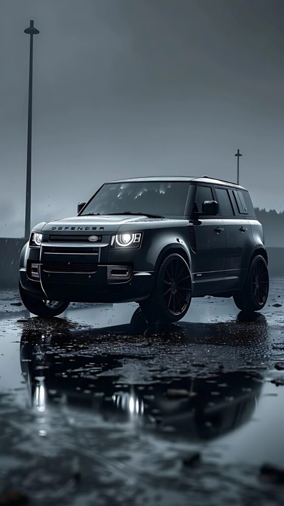 Black Land Rover Defender 110 in rain on wet pavement – moody iPhone wallpaper