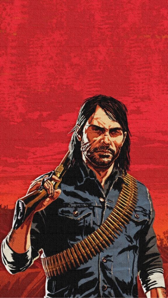 Stylized Red Dead Redemption 1 wallpaper featuring John Marston holding a rifle, wearing an ammo belt against a red textured background