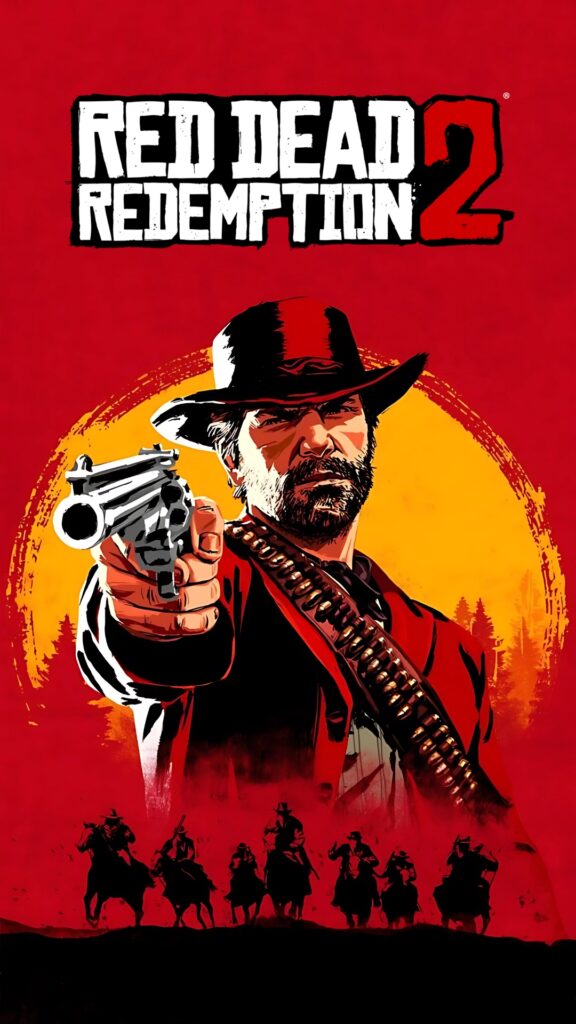 Red Dead Redemption 2 4K wallpaper featuring Arthur Morgan pointing a revolver with a red and yellow background and silhouettes of horse riders below