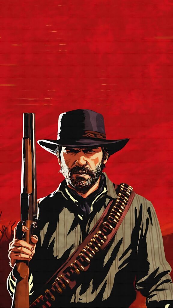 Illustrated wallpaper of Arthur Morgan from Red Dead Redemption 2 holding a rifle against a red background.