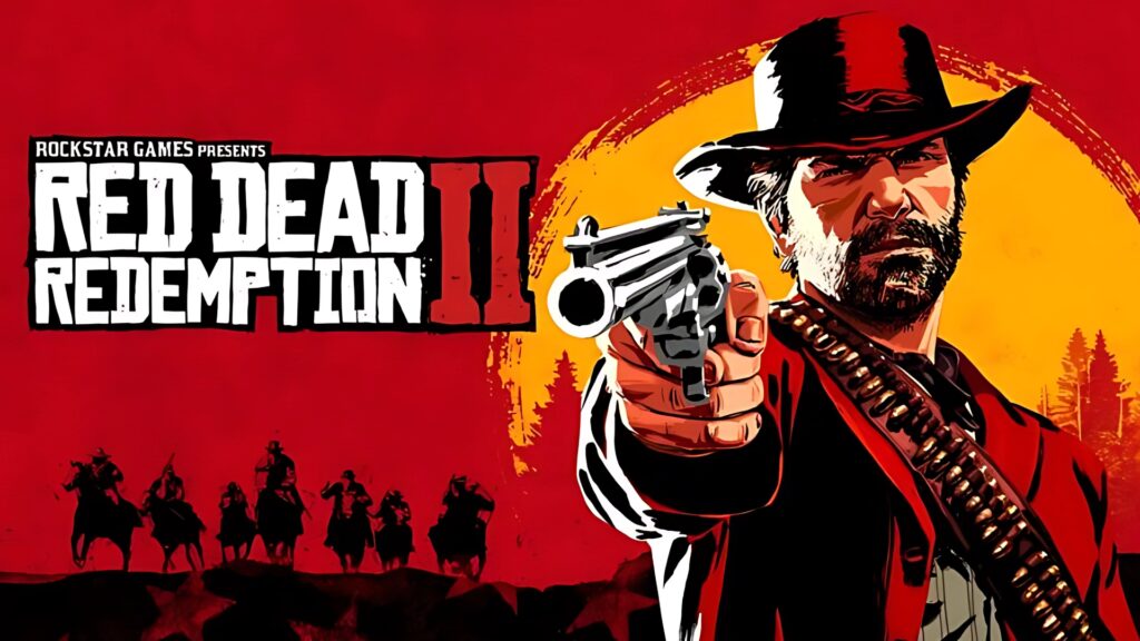 Red Dead Redemption 2 desktop wallpaper featuring Arthur Morgan pointing a revolver with a red and yellow background