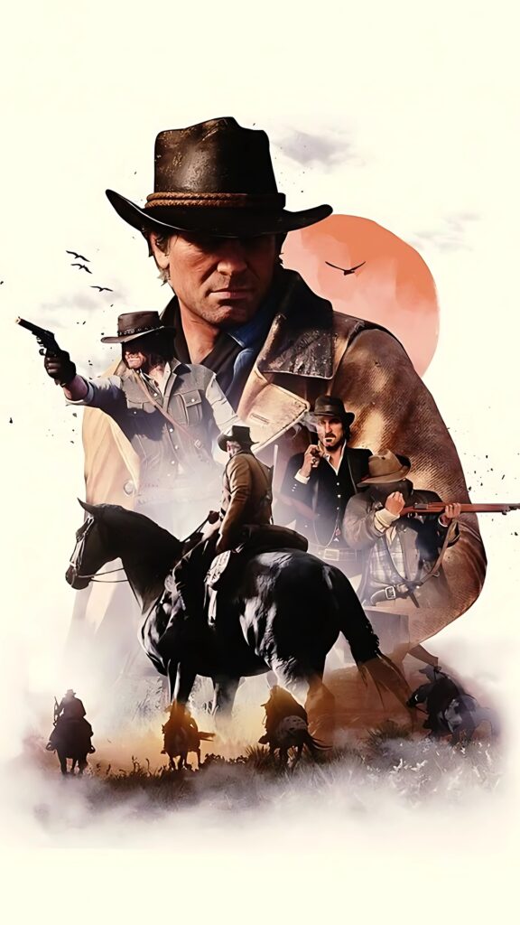 Red Dead Redemption 2 iPhone wallpaper featuring Arthur Morgan in a dramatic collage with multiple characters and horseback riders
