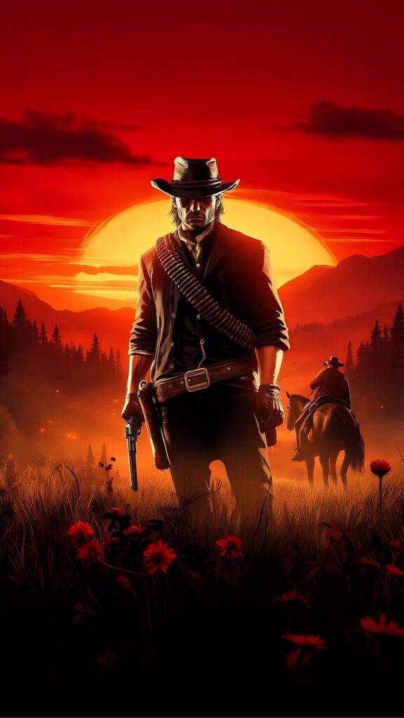 Red Dead Redemption 2 iPhone wallpaper showing Arthur Morgan holding a pistol in a sunset-lit field, with a rider in the background