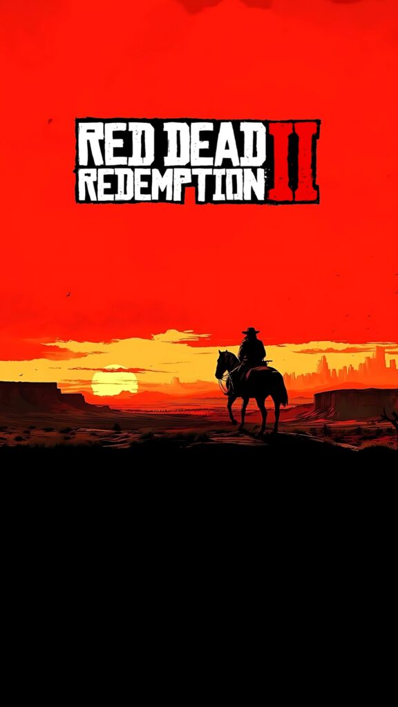 Red Dead Redemption 2 iPhone wallpaper showing cowboy on horseback at sunset with vivid red and orange sky