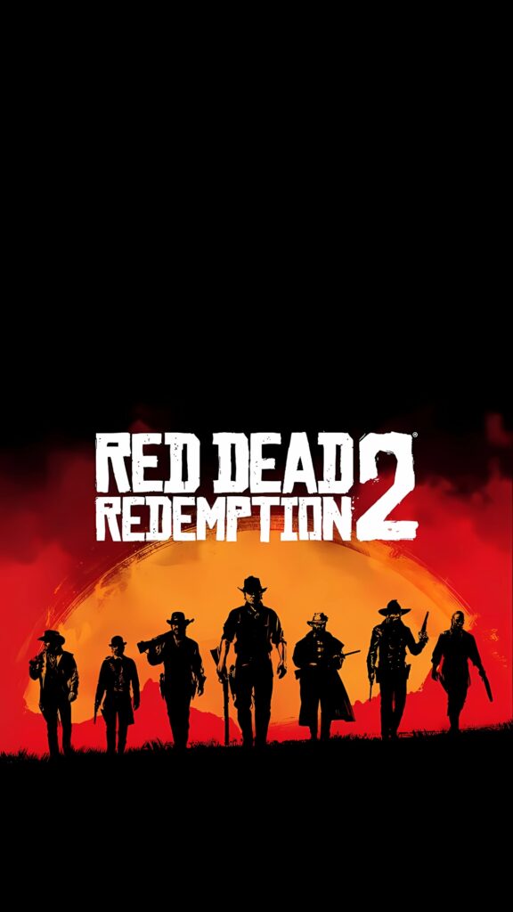 Silhouetted Red Dead Redemption 2 outlaws walking in front of a red-orange sunset with the game logo above.