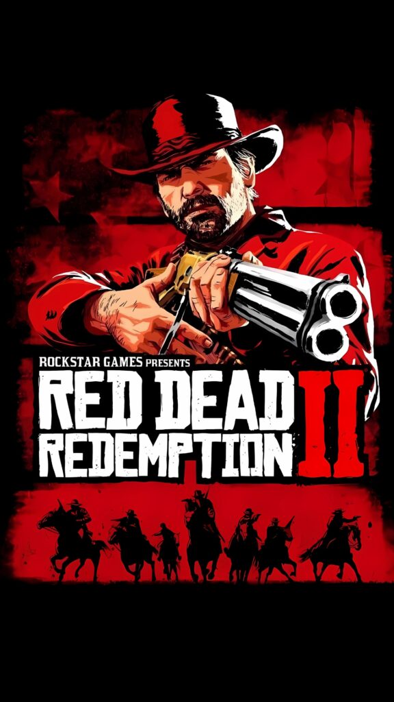 Stylized Red Dead Redemption 2 Poster Wallpaper – Bold Artwork with Arthur Morgan and Gang Silhouette