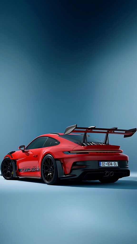 Striking rear view of a red Porsche 911 GT3 RS with a large rear wing, showcased in a minimal studio background with cool blue tones.