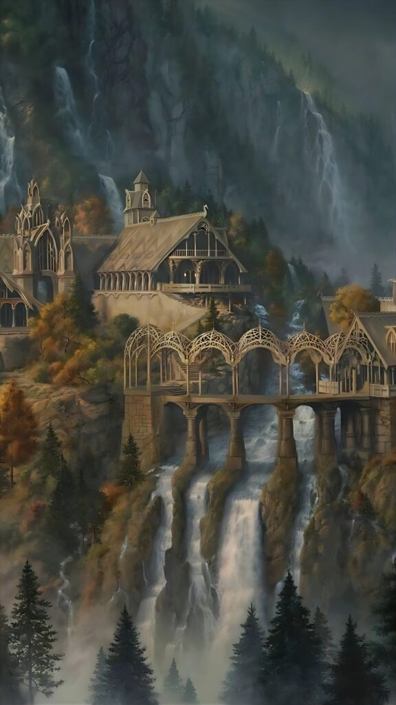 4K Lord of the Rings wallpaper showing Rivendell’s elven architecture nestled in a forested mountain valley with cascading waterfalls.