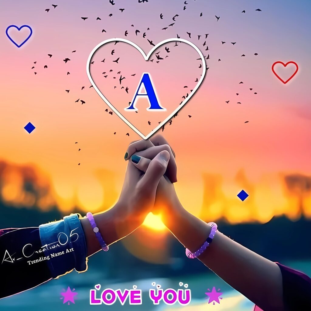 Couple holding hands with a sunset background and heart frame around the letter A, symbolizing love.