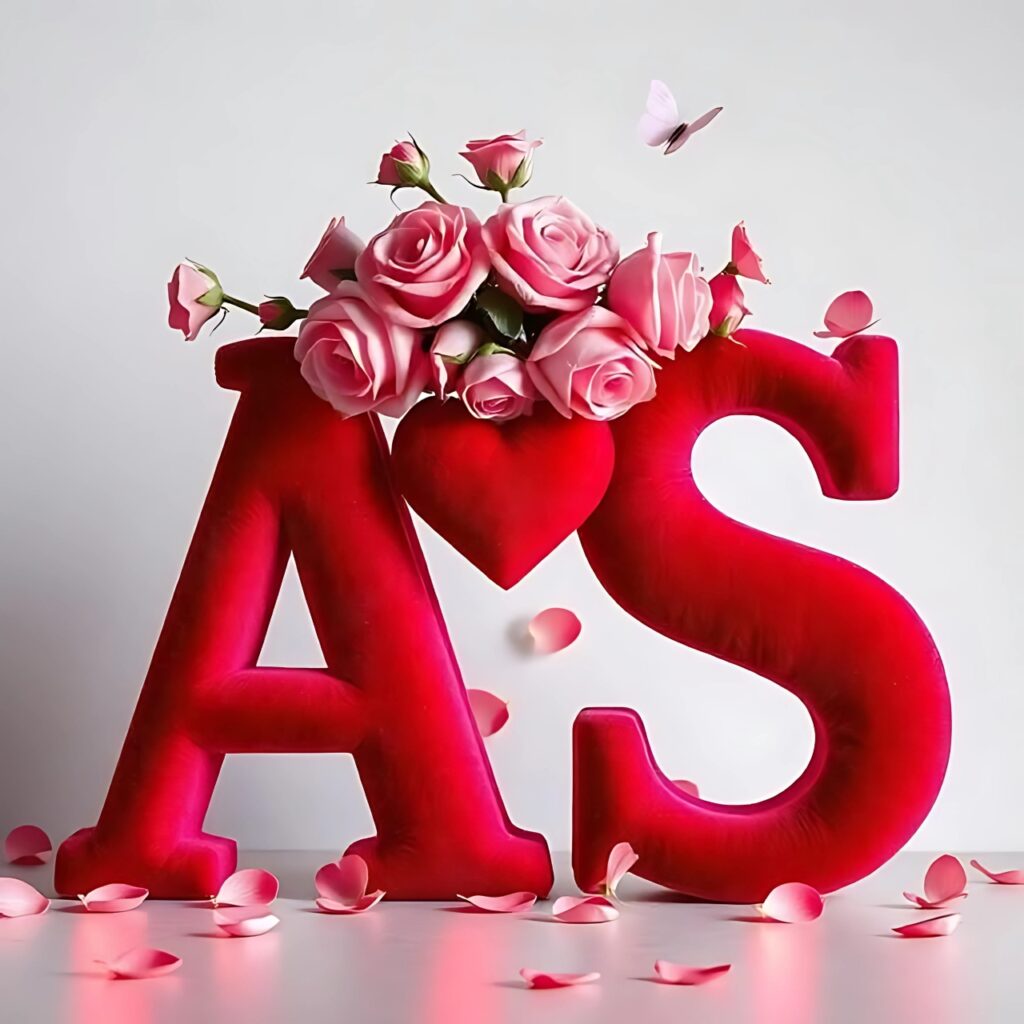 Romantic A S name DP with red velvet-style letters, heart in between, and pink roses for couple love display photo.