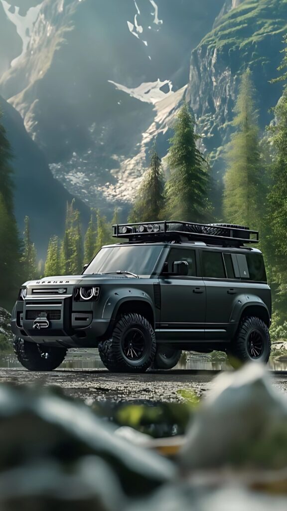 Land Rover Defender off-road in forest with snow-capped mountains in background