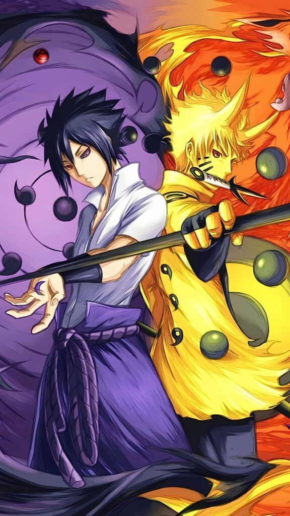 Epic anime wallpaper featuring Sasuke Uchiha with Rinnegan and Naruto Uzumaki in Six Paths Sage Mode, back-to-back, surrounded by black orbs and intense energy.