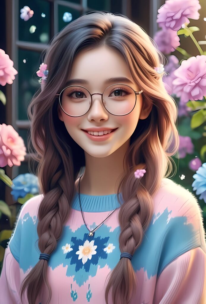 Cute cartoon girl with glasses, braided hair, and floral sweater standing in a garden of pink and purple flowers.