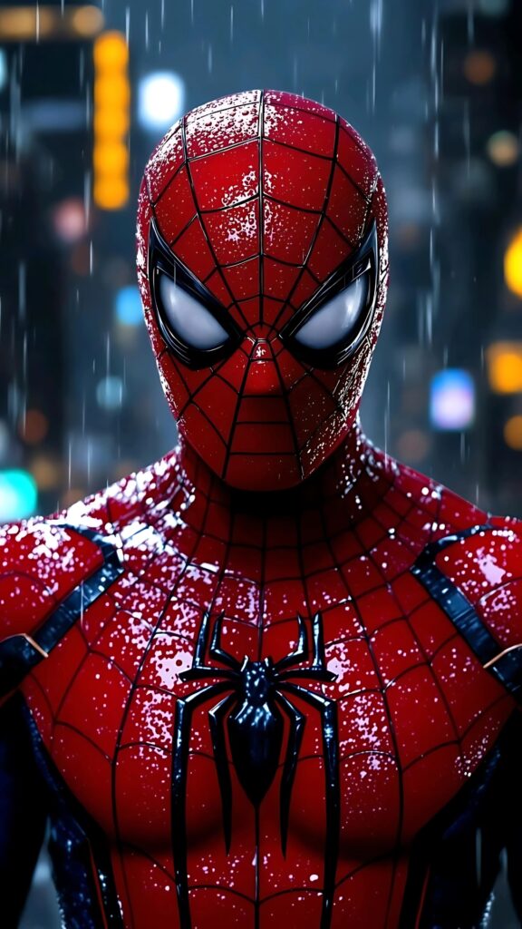 4K close-up Spider-Man wallpaper in rain – realistic red and black suit with glowing eyes