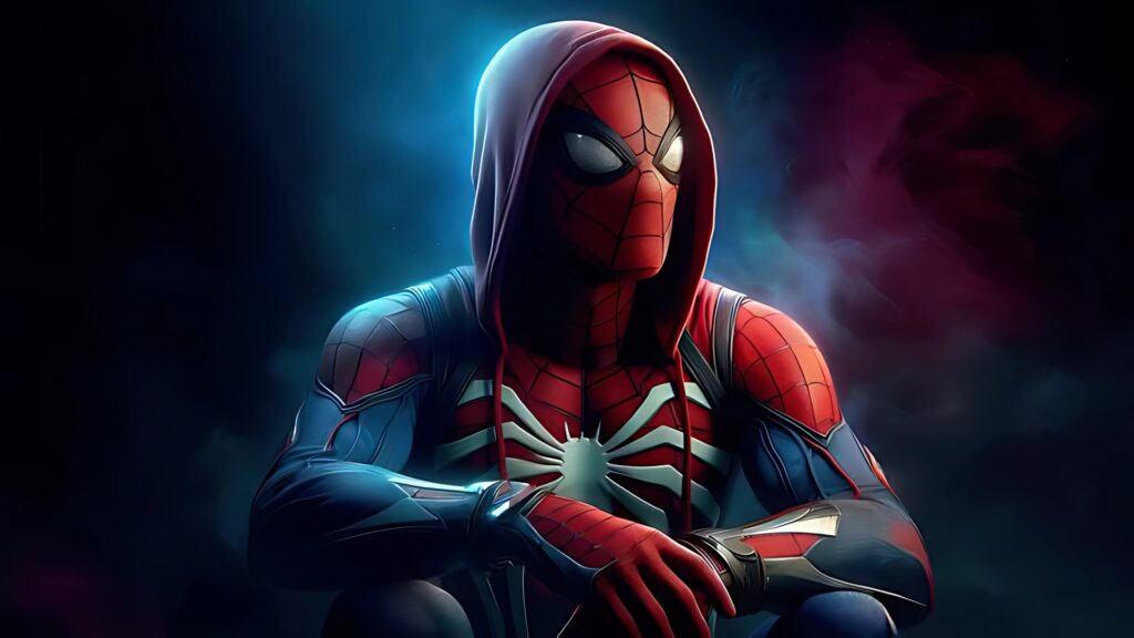 Spider-Man wearing a hoodie, sitting in a dark neon-lit environment with a thoughtful expression in cinematic lighting