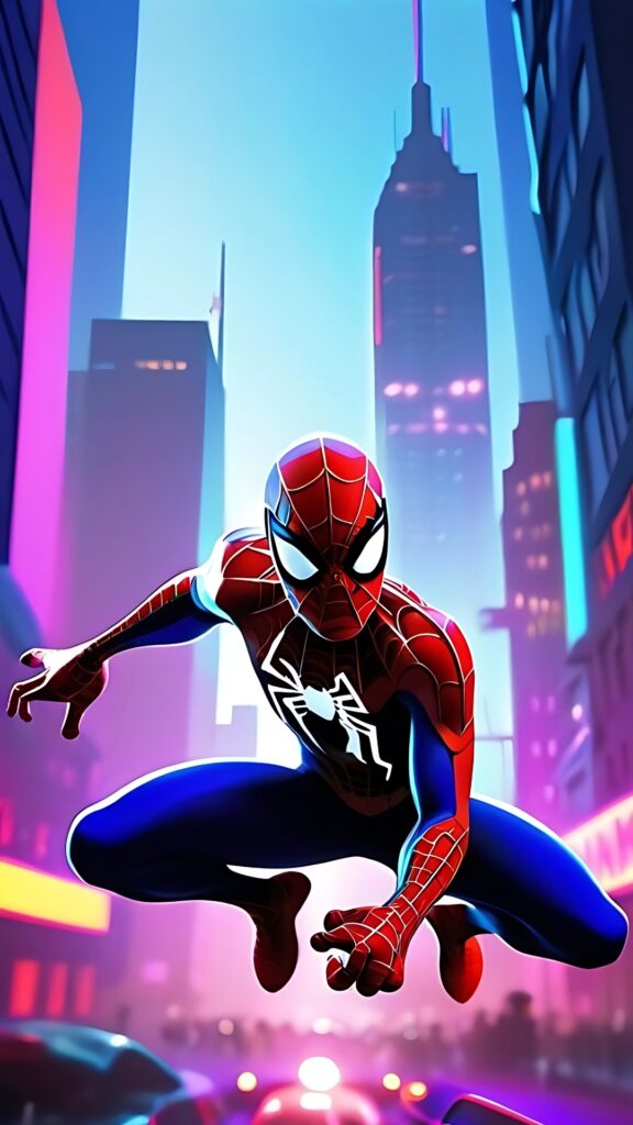 Spider-Man phone wallpaper – superhero leaping through neon-lit city in animated art style