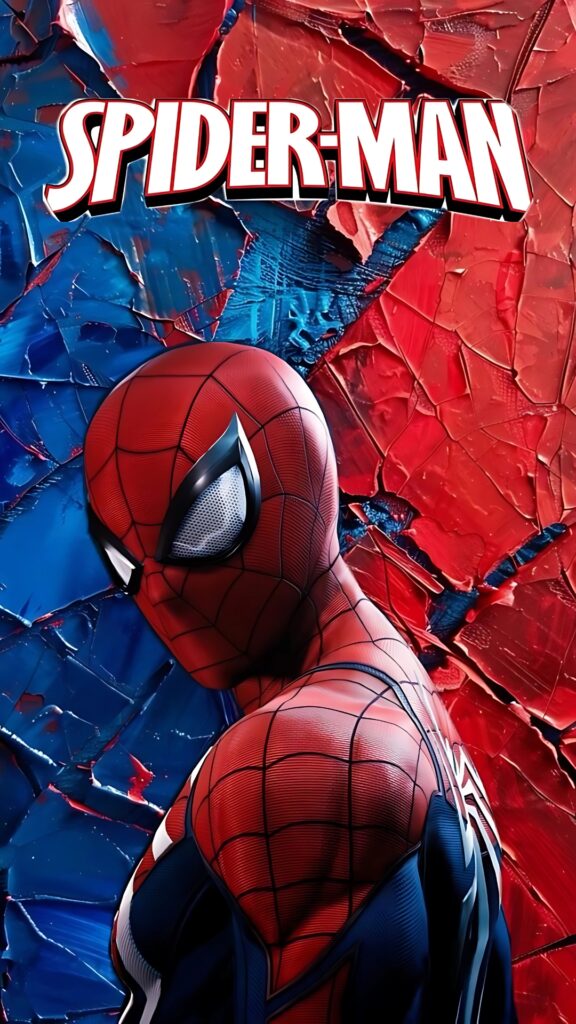 Spider-Man wallpaper with textured red and blue background – superhero in cinematic pose