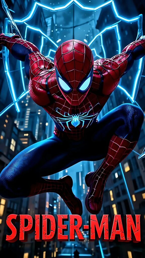 Dynamic Spider-Man wallpaper in glowing suit – leaping pose in city at night with neon web