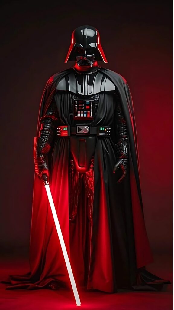 Darth Vader standing with red lightsaber in hand, glowing red background, black armor and cape.