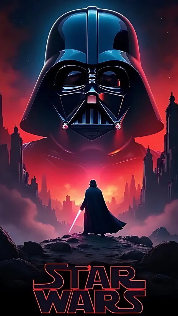 Star Wars wallpaper featuring Darth Vader silhouette with red lightsaber and giant helmet in sunset-lit dystopian cityscape.