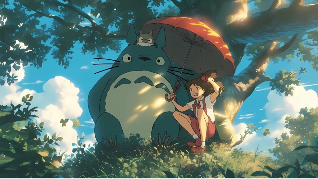Studio Ghibli wallpaper featuring Totoro and Mei sitting with an umbrella under a large tree, with sunlight and greenery