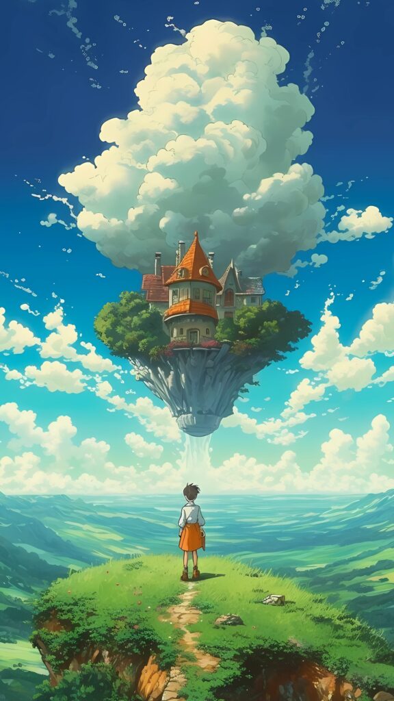 Studio Ghibli style wallpaper showing a boy standing on a grassy cliff, gazing at a magical floating island with a house built into a giant cloud in a bright blue sky