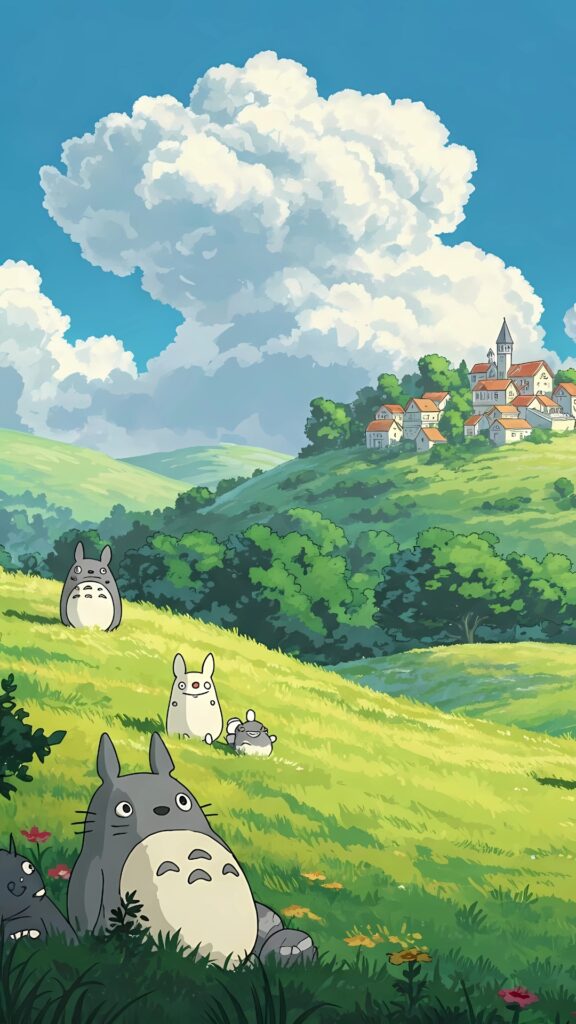 Studio Ghibli wallpaper featuring Totoro characters relaxing on a sunny grassy hillside with a distant village and dramatic clouds in the sky