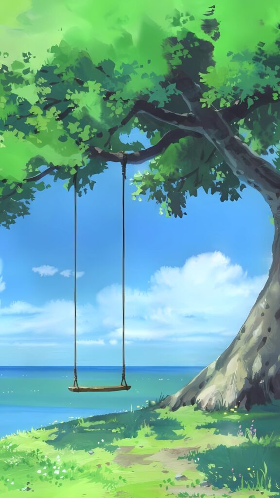 Studio Ghibli-style background of a swing hanging from a tree by the ocean on a sunny day