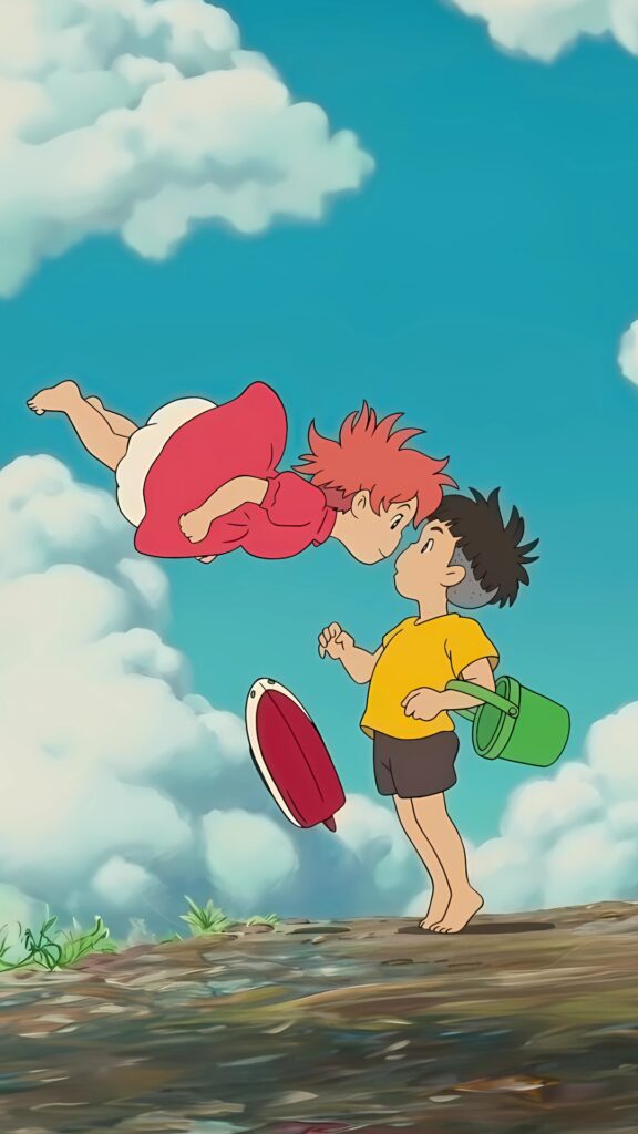 Studio Ghibli background featuring Ponyo and Sosuke floating in the sky – iconic anime scene from Ponyo
