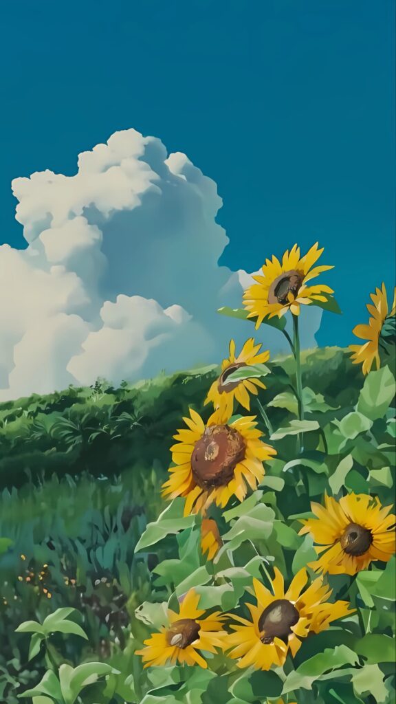 Studio Ghibli sunflower field with blue sky and fluffy summer clouds – animated landscape wallpaper