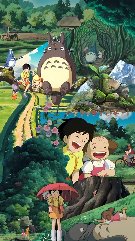 Studio Ghibli background collage featuring scenes from My Neighbor Totoro including Totoro, Mei, Satsuki, and magical forest spirits in vibrant nature settings