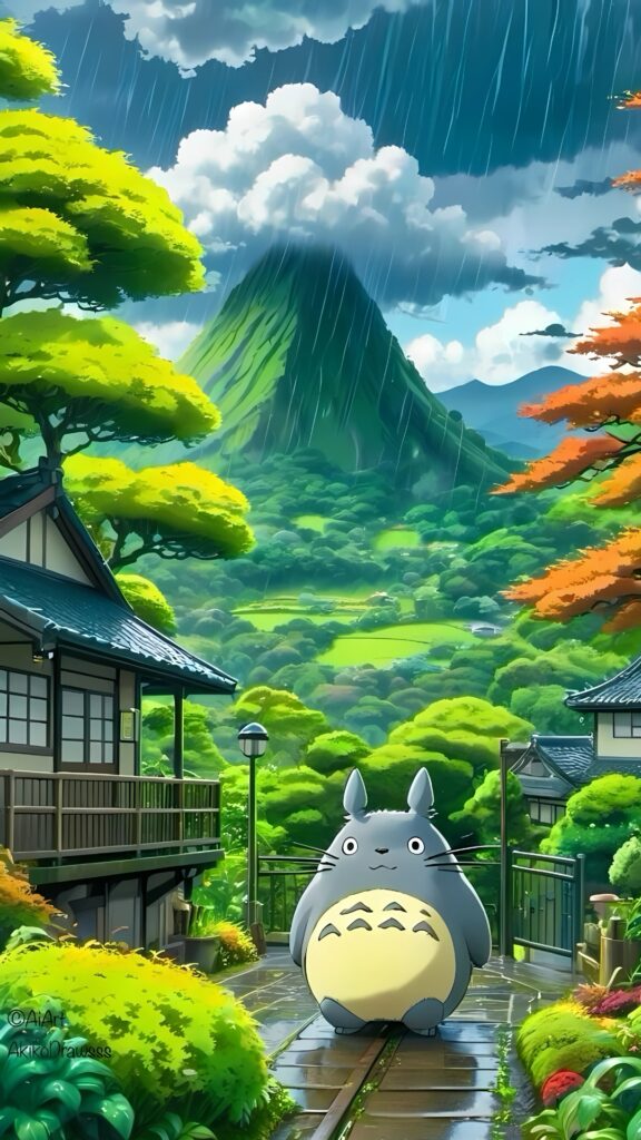 Totoro standing on a quiet rainy path in a peaceful village, with misty green hills and a majestic mountain in the background