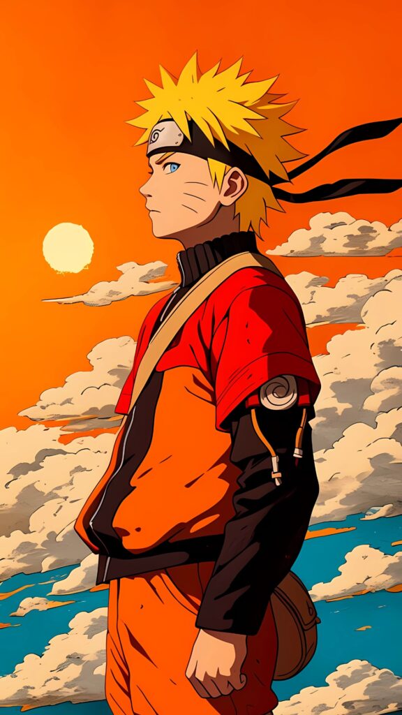 4K Naruto Uzumaki Wallpaper – Anime Sunset Background with Orange Sky and Clouds