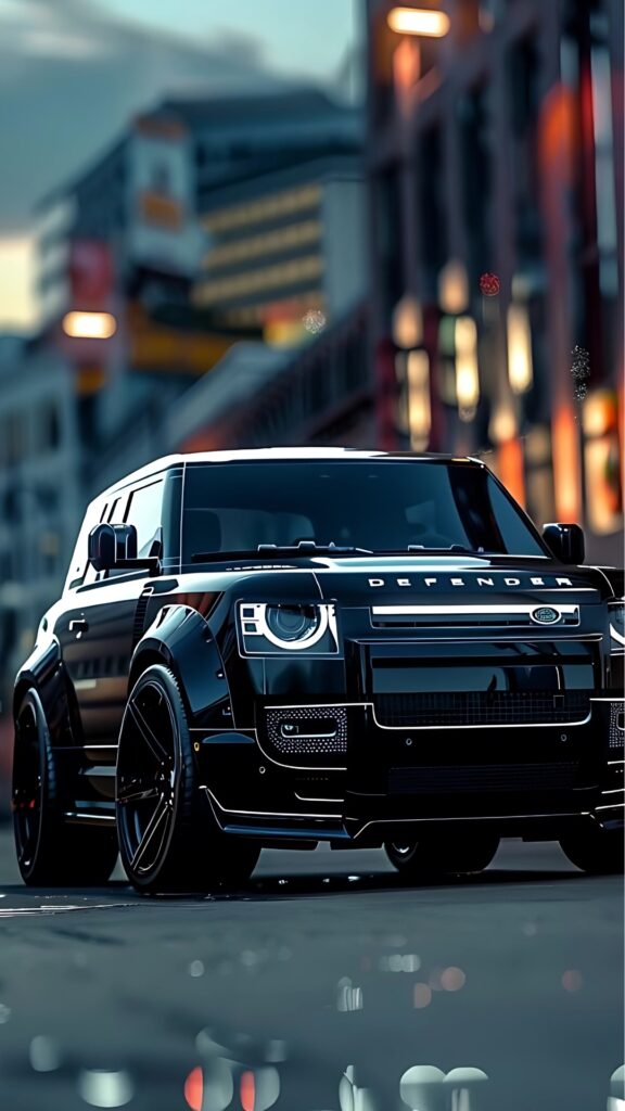 Black Land Rover Defender on city street with evening lights in background