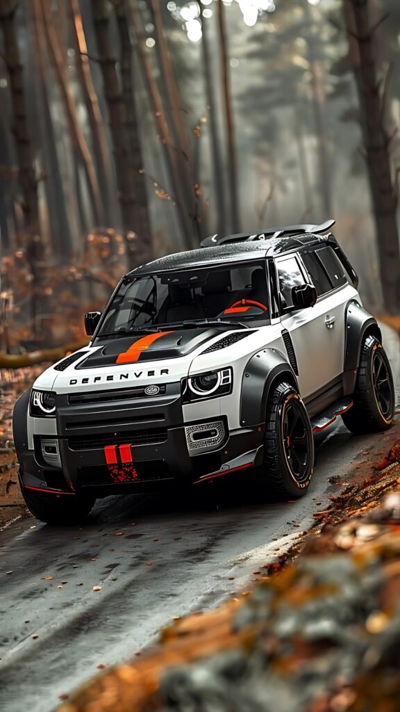 Modified Land Rover Defender on forest road in autumn – HD off-road SUV wallpaper