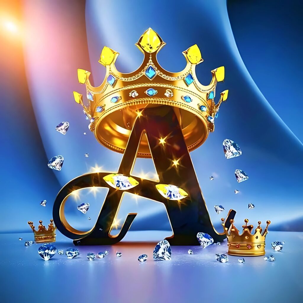 Letter A decorated with a golden crown and sparkling diamonds on a blue luxury background.