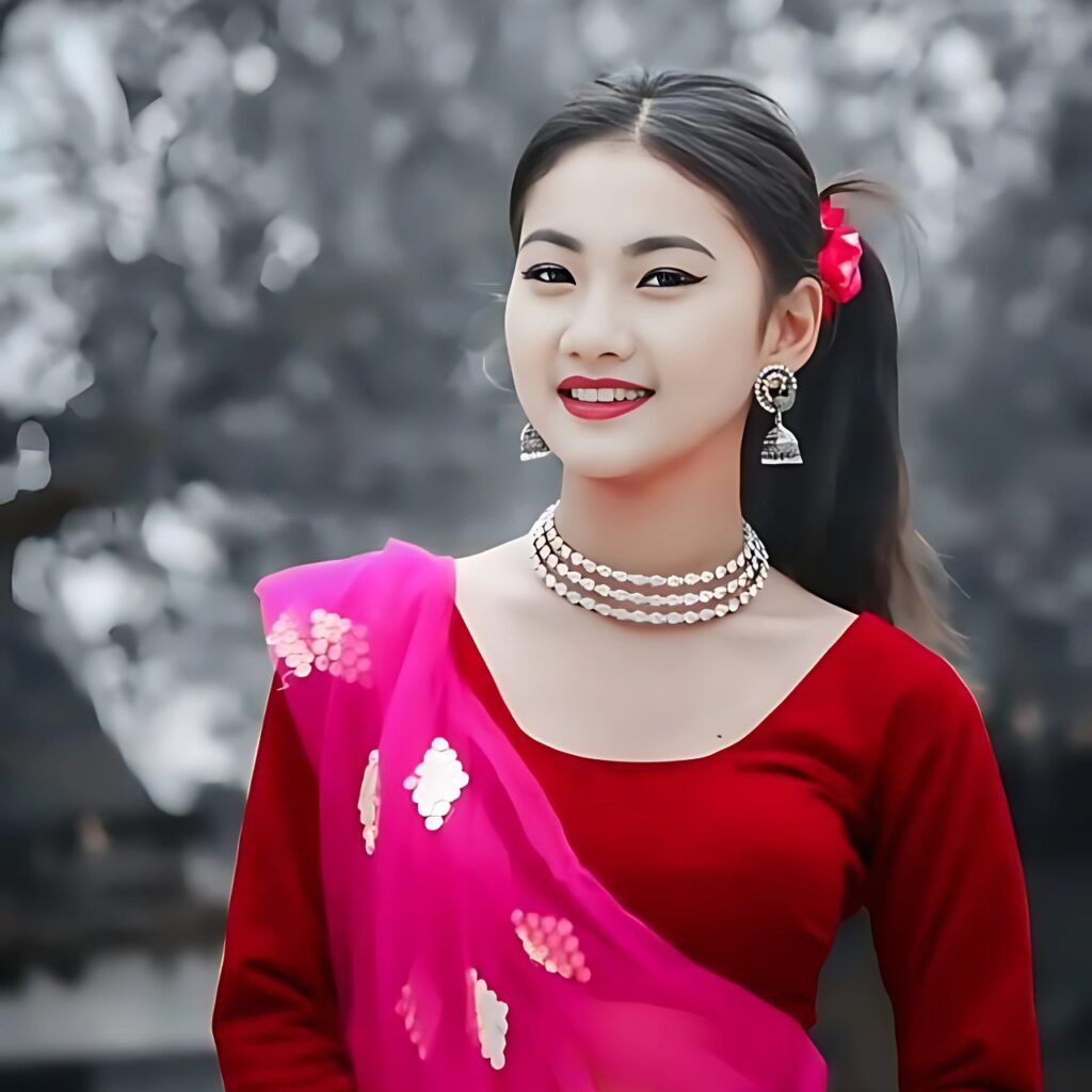 Beautiful girl in red and pink traditional attire smiling – best stylish WhatsApp DP for girls