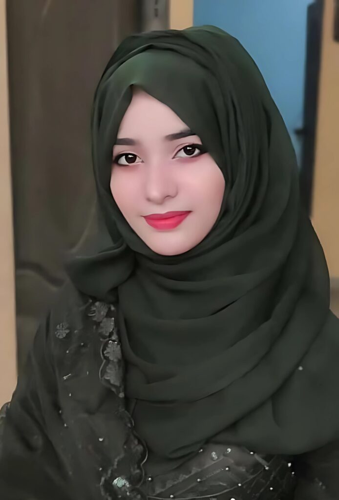 Muslim girl in elegant dark green hijab and embroidered dress posing for WhatsApp DP