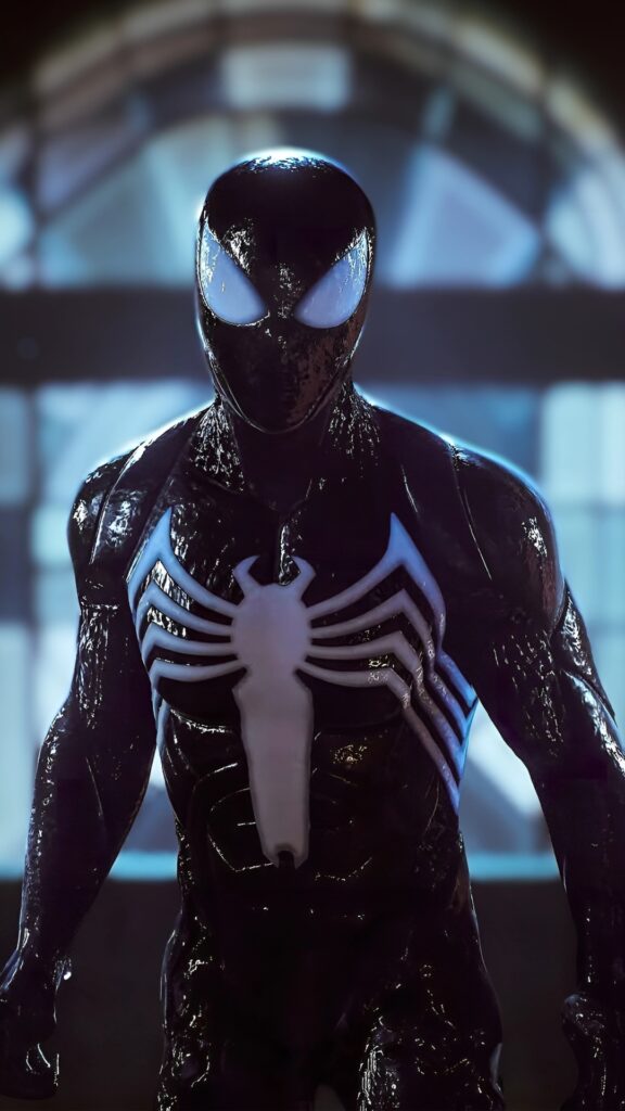 Symbiote Spider-Man in Venom suit standing in front of a glowing window – high-resolution Marvel