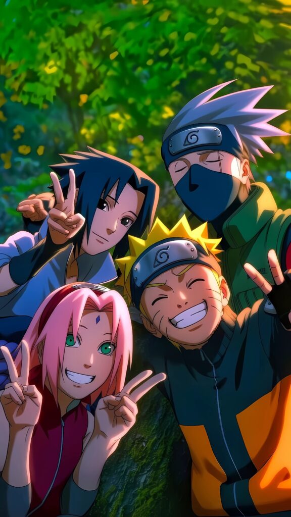 Team 7 from Naruto — Naruto Uzumaki, Sasuke Uchiha, Sakura Haruno, and Kakashi Hatake — smiling and flashing peace signs in a bright forest background, 4K anime wallpaper.