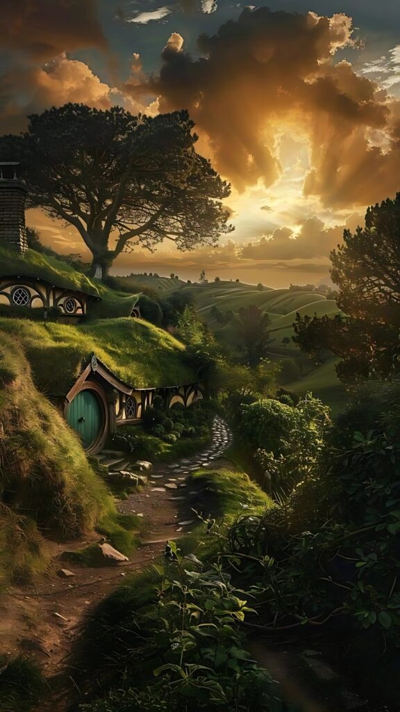 A serene view of Hobbiton from The Lord of the Rings, showing hobbit-holes under a golden sunset sky