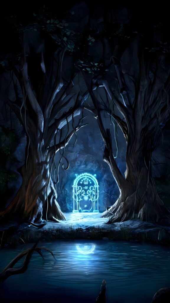 Glowing elvish inscriptions illuminate the Doors of Durin between two ancient trees, reflected in a still forest pool.