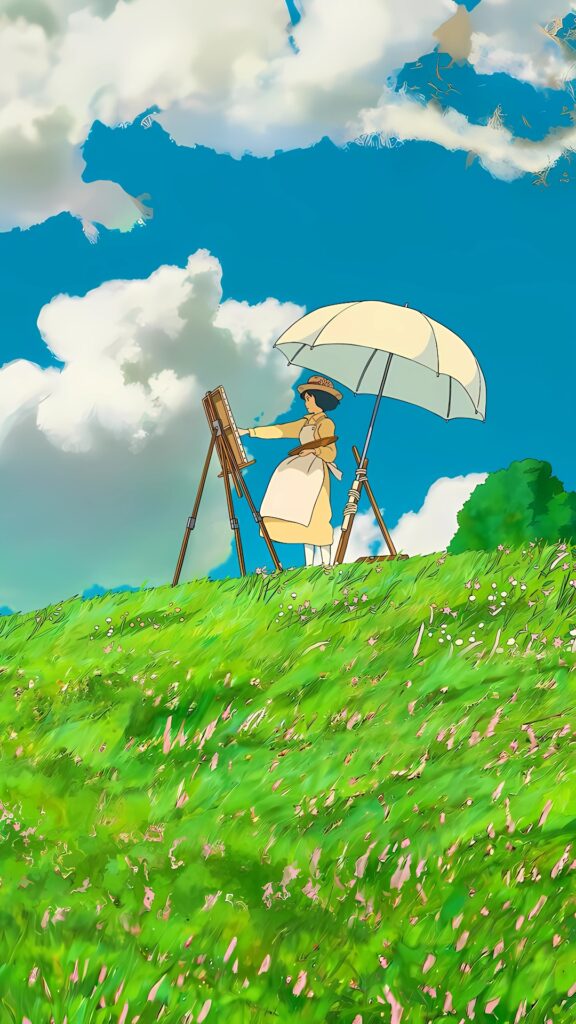Studio Ghibli background from The Wind Rises – woman painting on a hilltop under a sun umbrella on a breezy day
