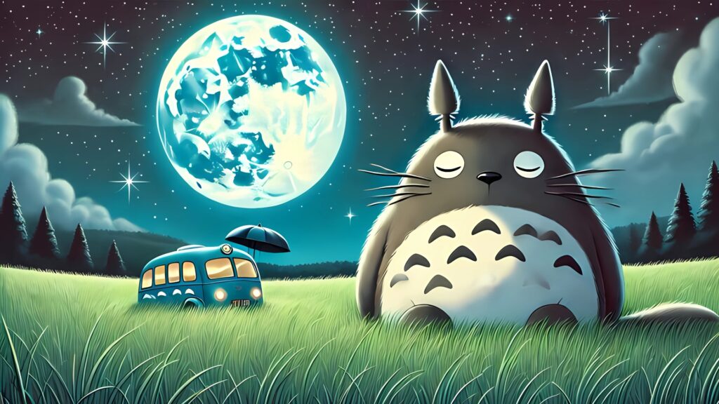 Totoro sleeping under the moonlight with Catbus in a grassy field – Studio Ghibli desktop wallpaper