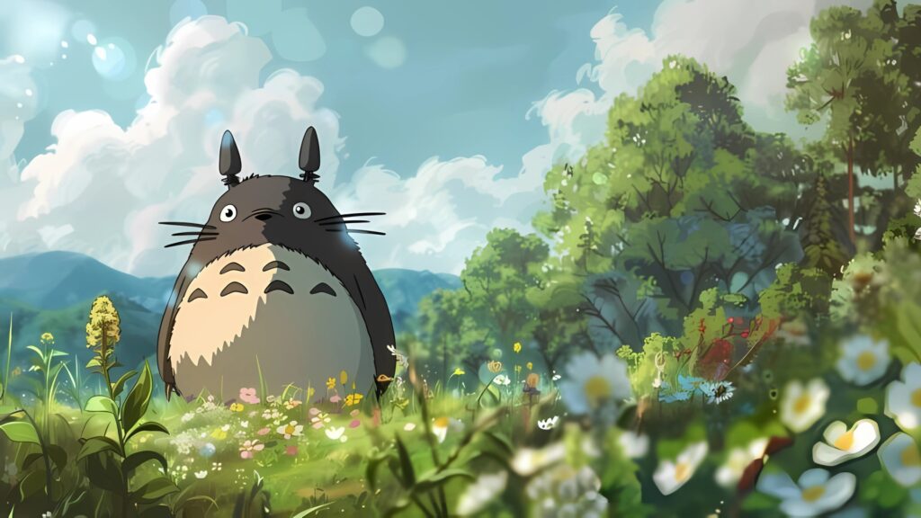 Studio Ghibli desktop wallpaper featuring Totoro in a vibrant flower-filled meadow – My Neighbor Totoro anime scene
