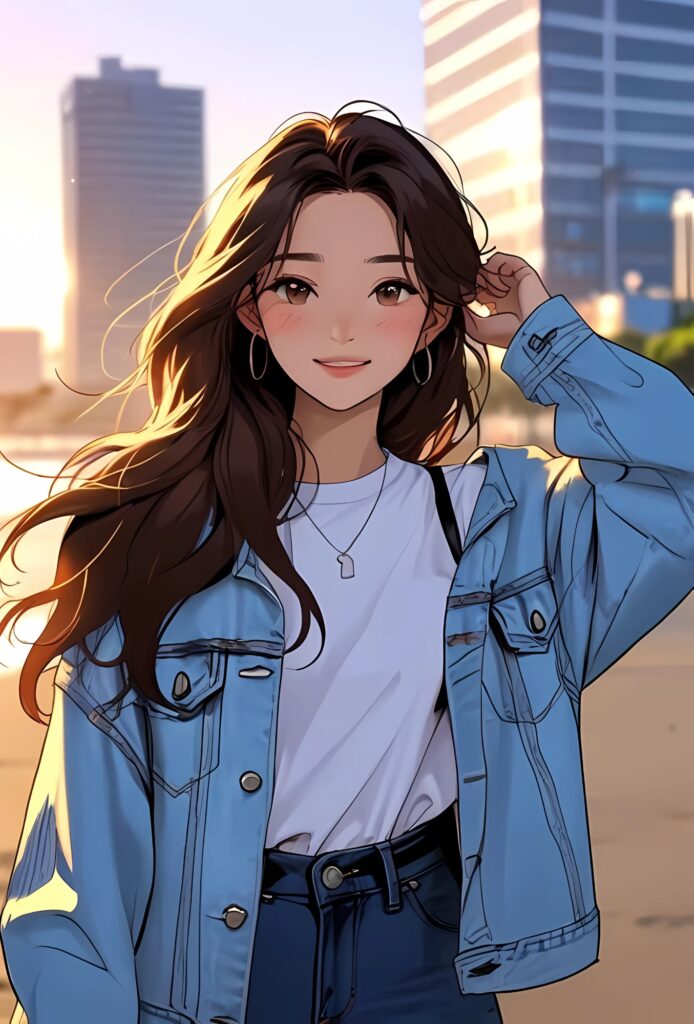 Stylish cartoon girl DP wearing denim jacket and white t-shirt with cityscape and beach sunset background