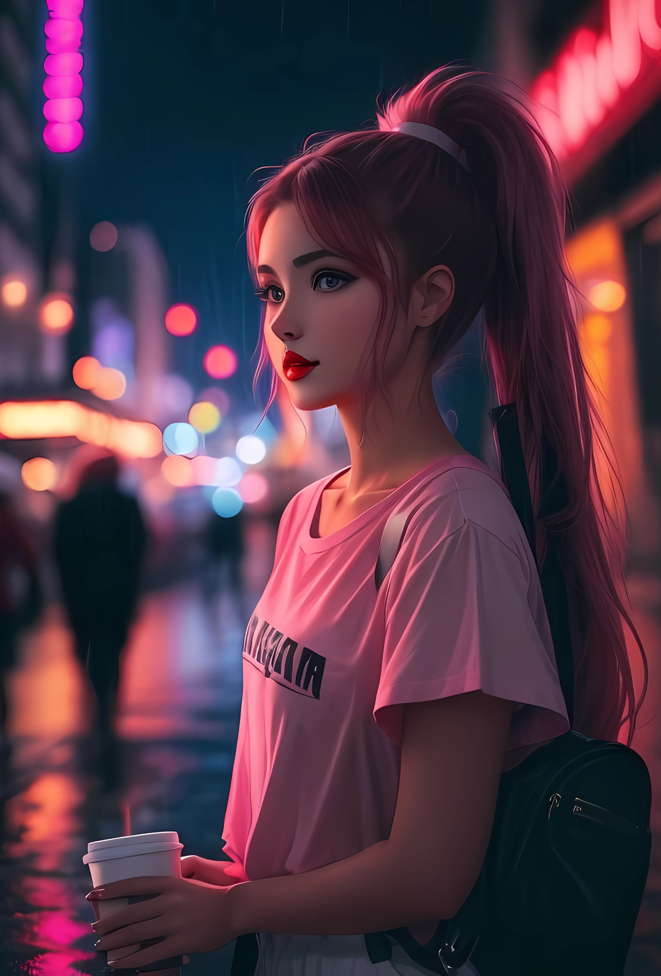 Stylish cartoon girl in pink outfit holding coffee on neon-lit rainy street – aesthetic profile image