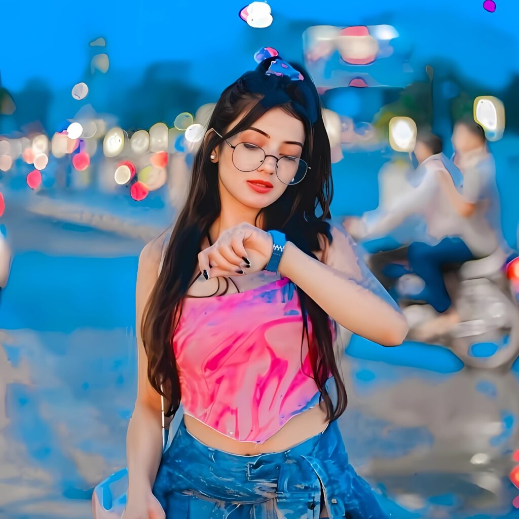 Trendy girl wearing pink top and glasses, checking time on wristwatch on a vibrant city street – stylish WhatsApp DP for girls.