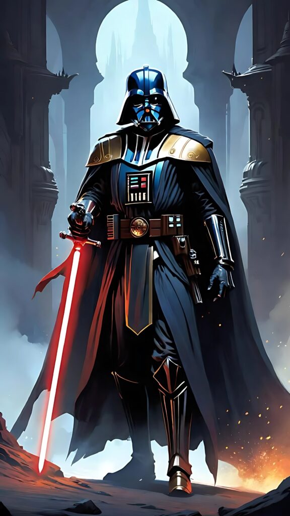 Stylized Darth Vader in detailed armor holding a red lightsaber in a gothic sci-fi temple background